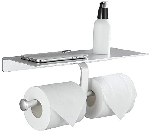 GRICOL Doppelter Toilettenpapierhalter Ohne Bohren mit Handyhalter Klopapierhalter Rollenhalter Klorollenhalter mit Ablage Bad WC Papier Halterung Wandhalterung für Badezimmer Silber