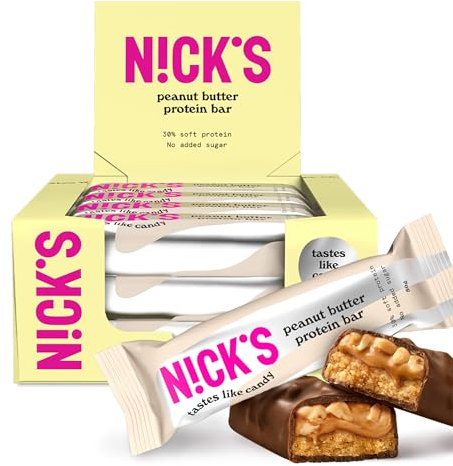 NICKS Protein Riegel ohne Zuckerzusatz – Erdnussbutter – 15g Eiweiß 30% – 214 Kalorien – Low Carb Keto Proteinriegel mit Ballaststoffen & Kollagen – Glutenfrei, Gesunde Snack ohne Palmöl 12x50g