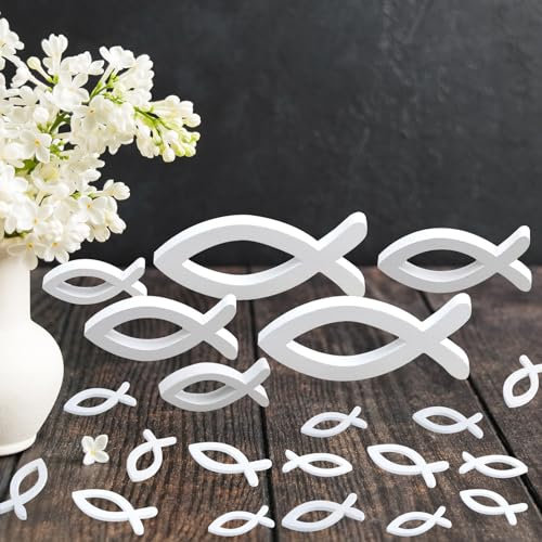 96 Stück Holzfische Deko Set, 6 große Fisch und 90 Streudeko Fische, Holz Fische Tischdeko Taufe Konfirmation Kommunion Deko Mädchen Junge Taufedeko(Weiß)