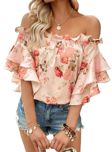 SOLY HUX Women's Floral Print Blouse Off Shoulder Ruffle Trim Half Sleeve Summer Tops Pink Floral Medium
