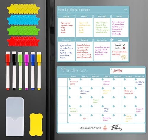Agoer Calendrier Frigo Magnétique pour Réfrigérateur x2, 1 Calendrier Planning Frigo Magnetique (42 x 30 cm) + 1 Tableau Blanc Planning Hebdomadaire (30 x 23 cm), 40 étoiles Magnétiques + 6 Marqueurs