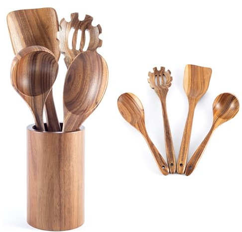 Hanseküche Küchenhelfer-Set aus Holz - Grillzange, Schneebesen, Pfannenwender, Holzlöffel und Nudelschöpfer (5er Set)