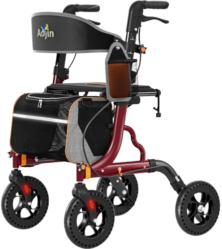 Aojin Rollator Walker for Seniors with Seat, Lightweight & Foldable, 8 All-Terrain Wheels, 18 Big Seat, 6-Level Adjustable Height Rolling Walker, 350 lb Capacity, Burgundy
