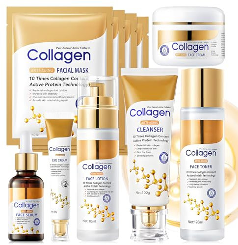 Collagen Kit Skincare, 11 Piezas Cuidado Facial Mujer 7 en 1, Collagen Skin Care Kit Incluye Crema Facial, Collagen Mask, Eye Cream, Tonico Facial, Facial Lotion, Limpiador Facial, Serum Facial