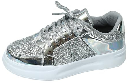 Générique Femme Chaussures de Sport Paillettes à Lacets rehaussement Chaussures décontractées Sport Respirant en Plein air Chaussures Plates Mode et Sport Running (Silver, 43)