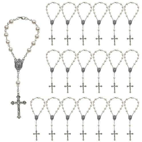 Pony ZG 20 stycken dopradband radband armband kors gästgåva dop vit 8 mm konstgjorda pärlor fingerdupp katolsk kristna dekoration rosary radband för bil, bröllop, födelsedagar, dop, fest