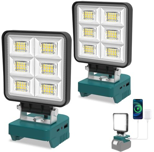CORESLUX 2 lámparas LED con batería para Makita 18 V, 48 W 5200 lm, focos portátiles con 2 modos de brillo, foco LED con USB y tipo C, luces de inundación para reparación de coches, iluminación