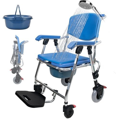 Aocay Sedia Comoda Pieghevole WC per Anziani con Rotelle, Blu Sedia a Rotelle con WC per Anziani Pieghevole, 3-in-1 Sedia Doccia Disabili con Ruote Impermeabile, 150kg