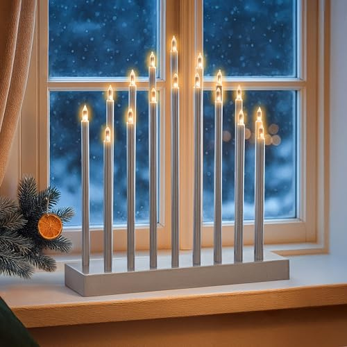 Marco Paul Silver Christmas Candle Bridge - 17 Warm White LED Lights Battery Powered Festive Candle Arch for Christmas Table Decoration, Windowsills and Mantels