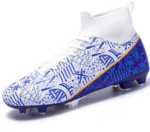 BAODLE Fotbollsskor för barn pojkar FG/AG utomhus män TF Spike fotbollsskor Turf high top fotboll professionella träningsskor, 1170 Fg vit blå, 37 EU