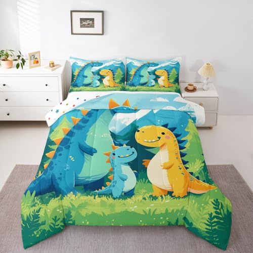Loussiesd Juego de ropa de cama con diseño de animales de la selva, dinosaurio, tamaño King, impresión digital 3D, decoración de dormitorio, 3 piezas, diseño de animales salvajes, verde y amarillo