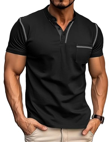 PRIVIMIX Maglietta Uomo Henley con Tasca - Maglia Manica Corta, T-Shirt Cotone per Lavoro o Sottogiacca, Nero, XXL