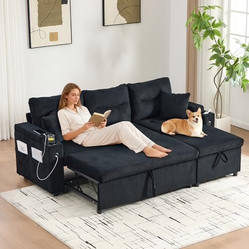 Lubvtti Divano angolare moderno a L,Include portabicchieri e porta USB,Divano modulare a 3 posti,Con chaise longue,Divano letto multifunzionale,Con spazio di archiviazione,Nero,Velluto a Coste