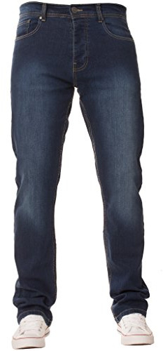 New Mens ENZO Stretch Straight Leg Regular Fit Classic Basic Denim Jeans (34W x 32L, Mid Stonewash)