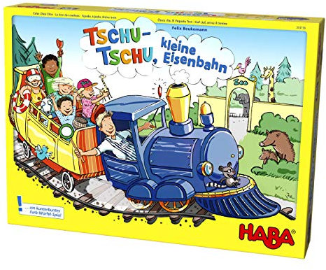 Haba 303736 - Tschu-tschu, kleine Eisenbahn | Brettspiel mit großem Puzzle-Spielplan, Würfel, Eisenbahn, 24 Fahrgast-Plättchen, 3 Weichen und 4 Haltestellen | Spielzeug ab 3 Jahren, 1 Stück (1er Pack)