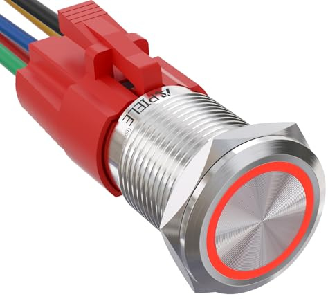 APIELE 16MM Latching Metallo Interruttore a pulsante,interruttore autobloccante pulsante 12VDC 5A，Alloggiamento in alluminio pulsante con LED impermeabile con spina pre-cablata(rosso)