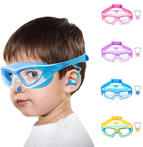 Vvinca Lunettes de natation pour enfants, large vue, anti-buée, sangle réglable rapide, masque de natation avec clip d'oreille et pince-nez pour cours de natation, lunettes de piscine pour tout-petits