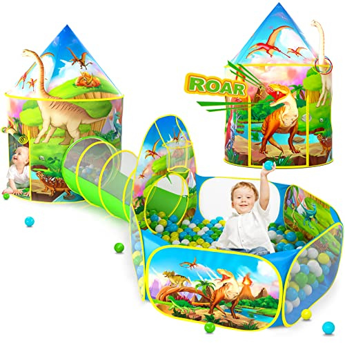 3PC Dinosaur Tent for Boys with Kids Ball Pit, Kids Play Tents and Crawl Tunnel for Toddlers, Pop Up Playhouse Toys for Baby Indoor & Outdoor Tent Games, Birthday Kid’s Gifts