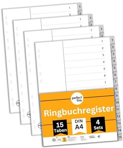 perfect line - Ordner-Register DIN A4 grau - 15-teiliges Trennregister aus Kunststoff (PP), 4er Set - robuste Registerblätter für Ordner & Ringbücher, übersichtliche Organisation, Made in Germany