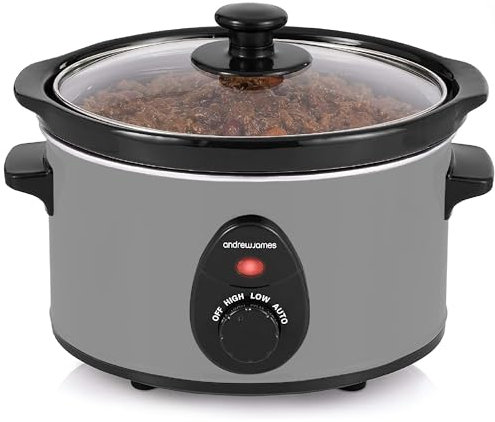 Andrew James 1.5L Slow Cooker, Removeable Easy Clean Ceramic Bowl, 3 Temperature Settings, Energy Efficient, Tempered Glass Lid, Cool Touch Handles & Non-Slip Feet (Grey)