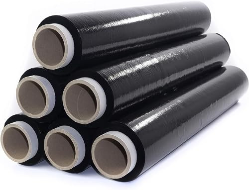 Film 2KG Transparente o Negro para Embalar 50CM x 200M,23 Micras Rollo de Papel Film Resistente de Plástico con Alta Elasticidad para Mudanzas y Envíos (NEGRO, 6 ROLLOS)