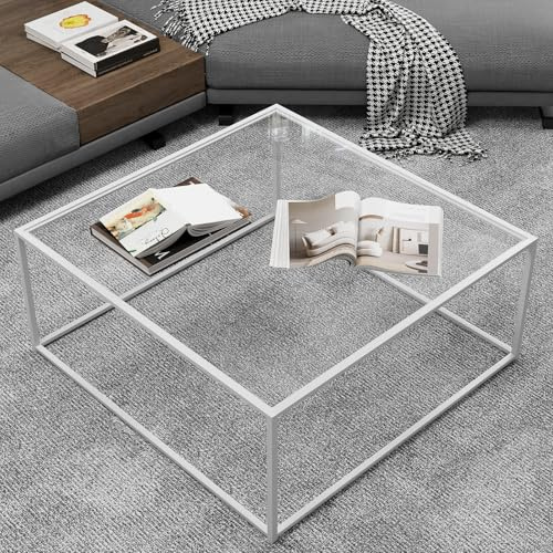 ​​​​​​​​​​​​Glass Coffee Table Square Coffee Table for Small Space,Modern Minimalist Center Table for Living Room Home Office,Tempered Glass-top with Sturdy Metal Frame,Easy Assembly,27 x 27In, White