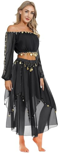 YiZYiF Damen Kostüm Bauchtanz Pailletten Langarm Top Maxirock Set Halloween Karnevalskostüm Indisches Tanzkostüm Inderin Tänzer Outfit Set Schwarz Einheitsgröße