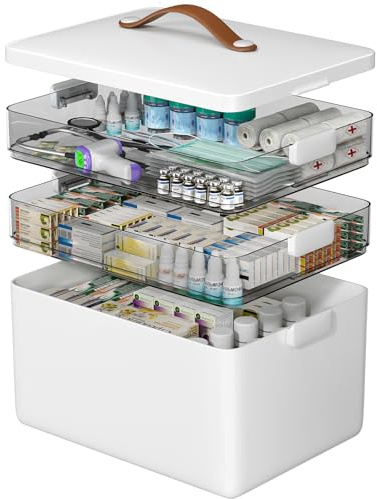 CTIME 3-Tier Medicine Organizer - Portable Medicine Cabinet with Leather Handle, Empty First Aid Kit for Home