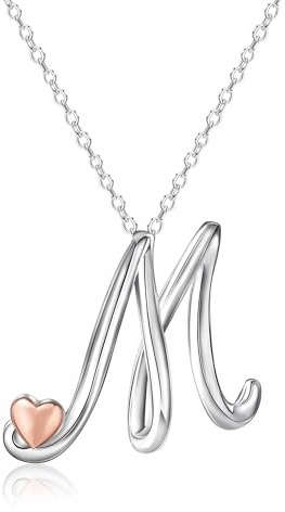 Mesovor Collana con Iniziale in Argento per Donna, Gioielli Placcati in Argento Sterling | Collana con Ciondolo con Nome Lettera Classica con Cuore in Oro Rosa, Catena da 20 Pollici (Lettera-M)