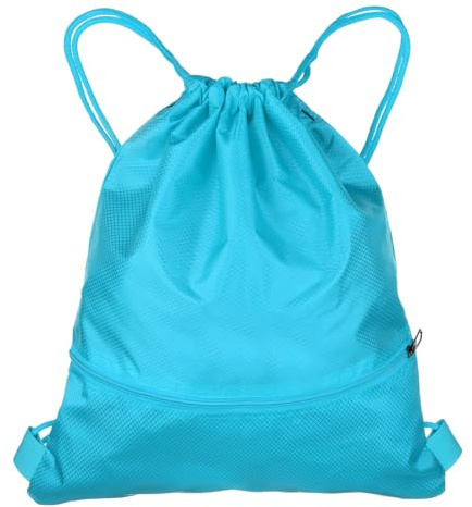 QUARKZMAN Mochila De Cuerda 16.5 x 19.3 Bolsa De Cuerda Unisex Azul Lago | A Granel, Tela Oxford, Impermeable, Con Bolsillos Con Cremallera, Para Deportes Gimnasio Viajes Natación Playa