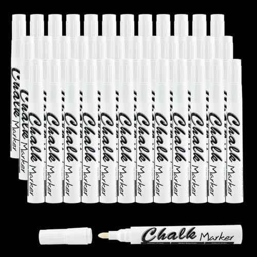 Volcanics White Liquid Chalk Markers 36 Pack Chalk Pens for Blackboard, Chalkboard, Windows, Glass, LED Board, Bistro Signs – Erasable Water-Based Ink Ideal for Teachers, Artists & DIY Projects