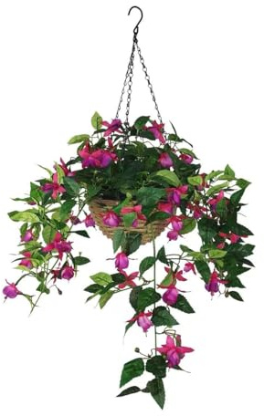 365 Blooming Decor Artificial Hanging Fuchsia Flowers –31.5 x 24 Faux Hanging Plant with Durable Plastic Wicker Style Basket, Realistic, Weather Resistant for Outdoor/Indoor Porch, Patio, Garden