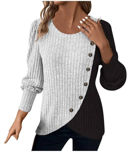 KUIH Tunic Tops for Women UK,Ladies Jumpers Knitted Crew Neck Long Sleeve Tops Jumper Casual Blouses Buttons Side Front Slit Sweatshirt Pullover Sweaters Spring Autumn Winter Clothes Gray