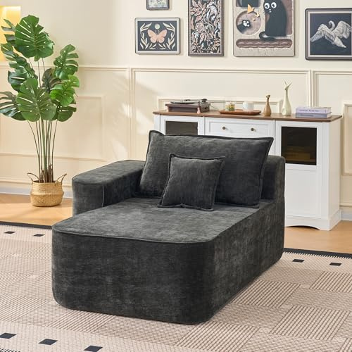 BLUON HOME Boneless, divano con funzione sonno, divano letto, chaise longue, poltrona lounge, cuscino e tasche laterali, ciniglia, senza montaggio, per soggiorno, camera da letto (nero)