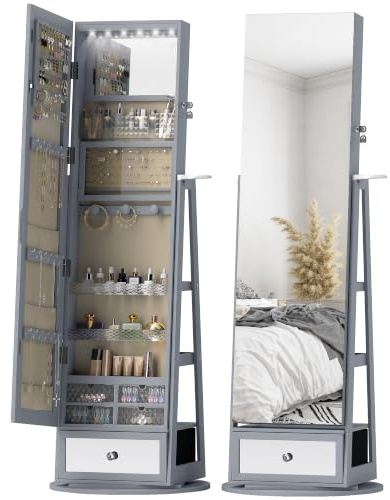 HOMCOM Espejo Joyero con Luces LED Giratorio de 360° Gris Claro y Beige | Armario para Joyas, Armario Joyero de Pie con Espejo Cuero Entero, Soporte para Secador, Cajón, Cerradura, Estantes Abiertos