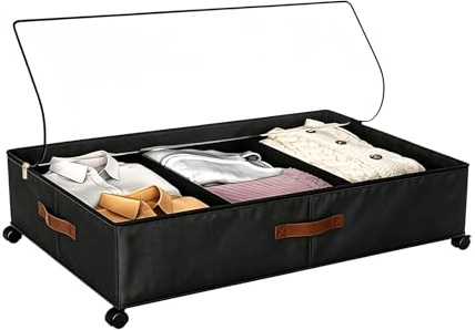 Ogetok Almacenamiento debajo de la cama con ruedas, contenedores organizadores debajo de la cama de 50 litros con tapa transparente, cajones de metal debajo de la cama, cubos rodantes para ropa