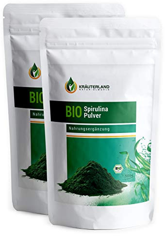Kräuterland - Bio Spirulina Pulver 1000g - 100% rein, vegan, 60% Eiweiß - für green Smoothies & Shakes in Rohkostqualität(2x500g)