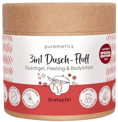 puremetics 3in1 Dusch-Fluff Bratapfel mit Zuckerpeeling, 250g Duschgel, Peeling und Lotion in Einem, vegan und plastikfrei