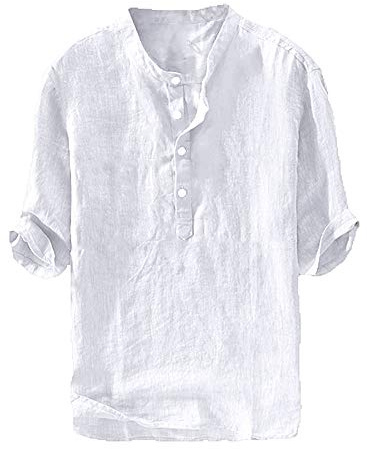 Ryannology Mens Linen Shirts Henley 3/4 Sleeve Casual Cotton T-Shirt Regular-Fit Lightweight Beach Yoga Tunic Tops