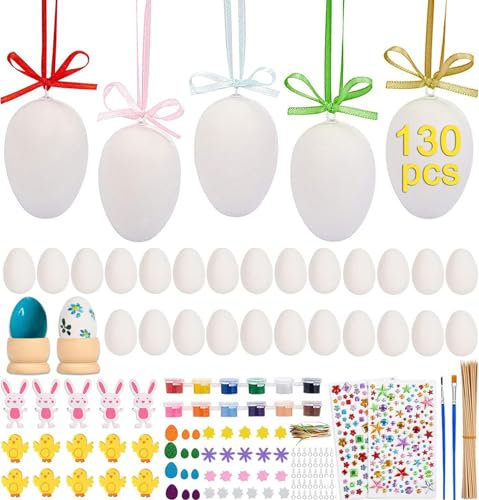 IDEALHOUSE 130pcs Easter Eggs Decoration Foam Stickers Set, 50Pcs White Hanging Eggs Ornament with Paints and Glitter Foam Sticker of Bunnies, Easter Crafts for Kids, Home, Painting, DIY Decor