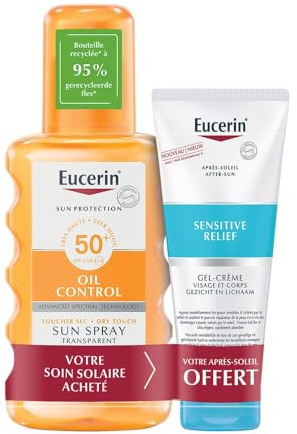 Eucerin Sonnenschutzöl Control Sonnenspray transparent LSF50+ 200ml + Sensitive Relief After-Sun Creme-Gel 50ml gratis