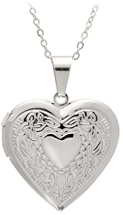 Paialco Stainless Steel Heart Shaped Locket Pendant Necklace, Royal Flowers Engraved, White Gold Tone