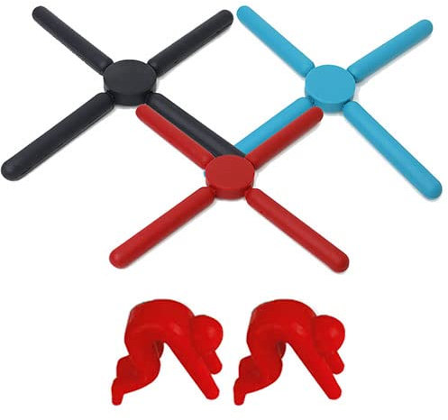 JSQJ Topfuntersetzer Silikon Untersetzer Faltbare Topflappen rutschfest Ausziehbarer Hitzebeständiger 3 Stück im Set, mit 2 Topfdeckelhalter Anti-Überlauf