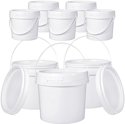Leinuosen 8 Pcs Plastic Bucket with Handle and Lid Durable Heavy Duty Food Safe Bucket Pail Container for Multipurpose Storage Paint Art Crafts Projects, BPA Free(1 Gallon,White)