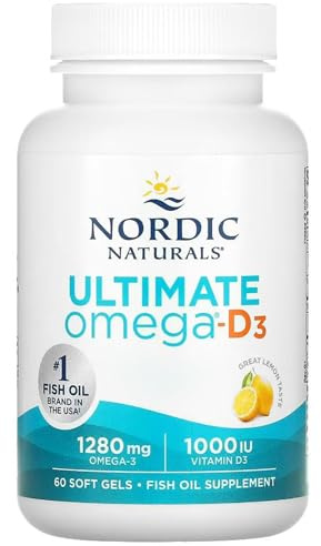 Nordic Naturals, Ultimate Omega-D3, 1280mg d'Oméga-3, avec EPA, DHA et Vitamine D3, Haute Dosé, Goût Citron, 60 Capsules molles, Testé en Laboratoire, Sans Soja, Sans Gluten, Sans OGM