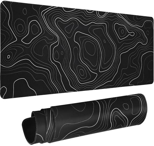 HAUTOCO Topographic Contour Large Gaming Mouse Pad, 800 x 300 x 3MM Big Mousepad Desk Pad with Non-Slip Base and Stitched Edge, Minimalist Computer Keyboard Mouse Mat for Office Work, Black, HT155MP