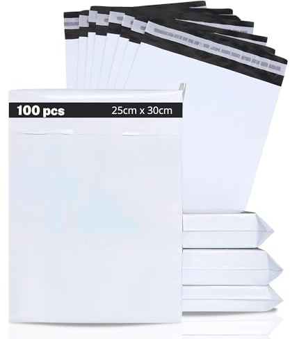 MARCPRINT 100 Bolsas Envio Vinted (25cmX30cm) - Bolsas para Envios de Ropa Vinted Blancas y Autoadhesiva - Bolsas para Envíos de Plástico - Sobres Envios Vinted Embalaje - Paquetes para Envios Vinted