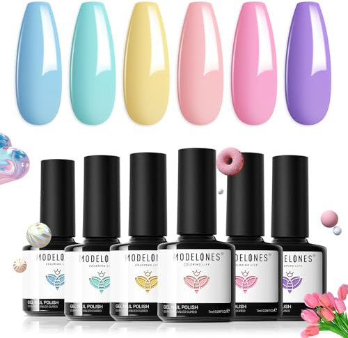 modelones Esmalte de uñas pastel UV, 6 colores veraniegos: rosa, azul, morado, verde, amarillo - Diseño de uñas para mujeres, perfecto para vacaciones y manicura