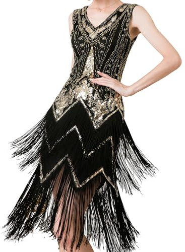MUNAFIE Robe des Années 20 à Paillettes et Franges - Col en V - Gatsby Charleston Flapper pour Femme - Fête Costumée