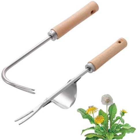 Sctmda Herramienta de Deshierbe Manual 2 Piezas Extractor de Malas Hierbas Desmalezas de Madera Horquilla de Desmalezador Desherbador Manual Acero Inoxidable Escardadora Manual Hand Weeder